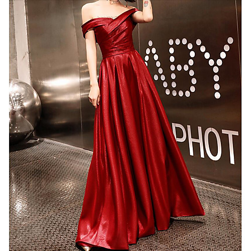 

A-Line Sexy Prom Formal Evening Dress Off Shoulder Short Sleeve Floor Length Spandex Satin with Criss Cross 2021