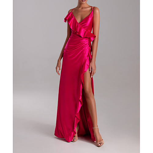 

Sheath / Column Sexy Engagement Formal Evening Dress V Neck Sleeveless Sweep / Brush Train Polyester with Ruffles Split 2021