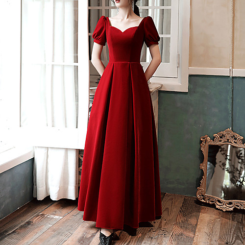 

A-Line Retro Prom Formal Evening Dress Sweetheart Neckline Short Sleeve Floor Length Velvet with Pleats 2021