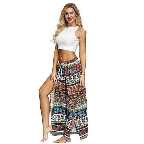 

Women's Boho Loose Wide Leg Pants Print Low Waist Black Blue Red