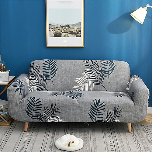 

Grey Leaves Print Dustproof Stretch Slipcovers Stretch Sofa Cover Super Soft Fabric Couch Cover (You will Get 1 Throw Pillow Case as free Gift)