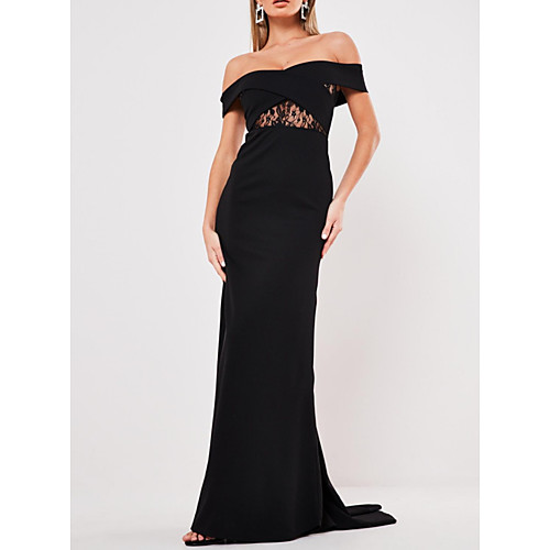 

Sheath / Column Elegant Engagement Formal Evening Dress Off Shoulder Short Sleeve Sweep / Brush Train Polyester with Ruched 2021
