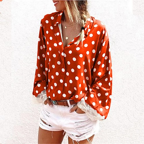 

Women's Blouse Shirt Polka Dot Long Sleeve Lace Trims Shirt Collar Tops Basic Top Black Purple Red