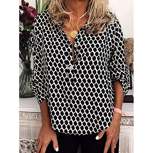 

Women's Blouse Shirt Geometric Long Sleeve V Neck Tops Basic Top White Khaki
