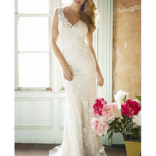 

Sheath / Column Wedding Dresses V Neck Sweep / Brush Train Lace Polyester Sleeveless Country Plus Size with Draping Appliques 2021