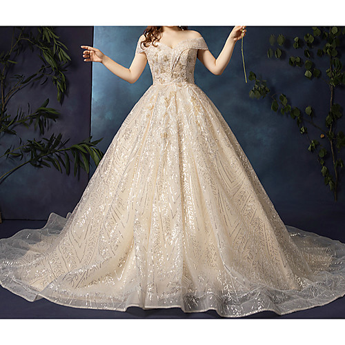 

Ball Gown Wedding Dresses Off Shoulder Watteau Train Lace Tulle Cap Sleeve Formal Wedding Dress in Color Plus Size with Lace 2021