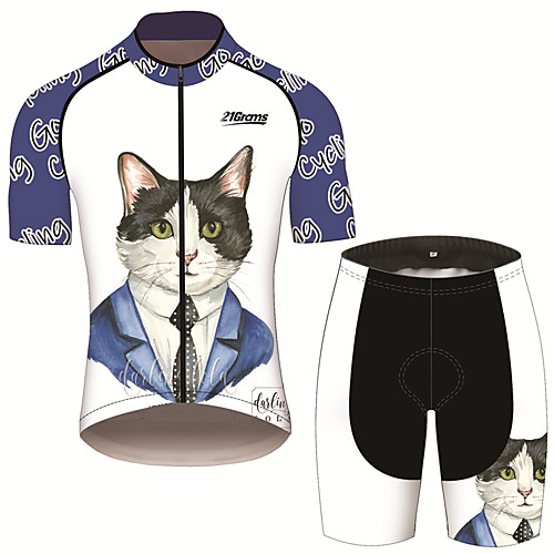 

21Grams Men's Short Sleeve Cycling Jersey with Shorts Spandex Polyester Blue / White Cat Animal Bike Clothing Suit UV Resistant Breathable 3D Pad Quick Dry Sweat-wicking Sports Cat Mountain Bike MTB