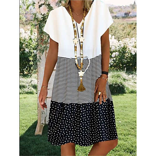 

Women's A Line Dress Knee Length Dress Black Yellow Blushing Pink Short Sleeves Polka Dot Color Block V Neck Casual S M L XL XXL 3XL 4XL 5XL / Plus Size