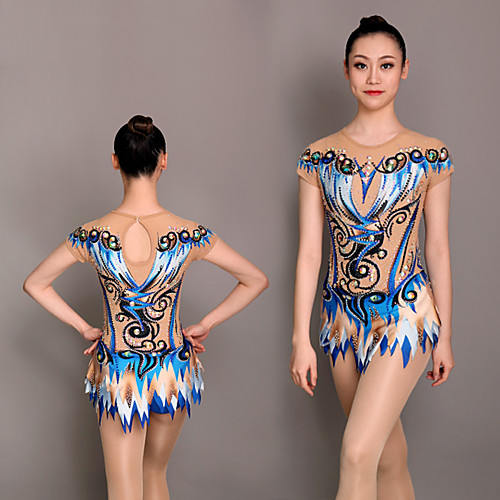 

Rhythmic Gymnastics Leotards Artistic Gymnastics Leotards Women's Girls' Leotard Blue Spandex High Elasticity Handmade Jeweled Diamond Look Short Sleeve Competition Dance Rhythmic Gymnastics Artistic