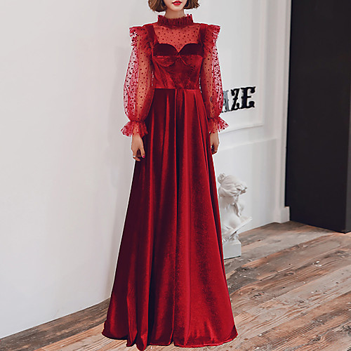 

A-Line Vintage Prom Formal Evening Dress High Neck Long Sleeve Floor Length Velvet with Pleats Pattern / Print 2021