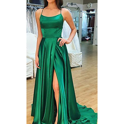

A-Line Sexy Prom Formal Evening Dress Scoop Neck Sleeveless Court Train Satin with Split 2021