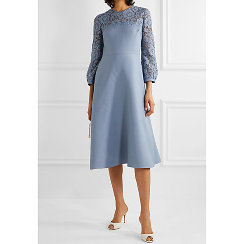 

A-Line Mother of the Bride Dress Elegant Jewel Neck Knee Length Polyester Long Sleeve with Appliques 2021