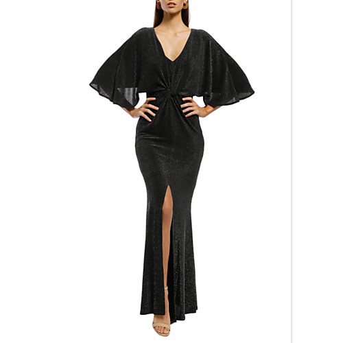 

Mermaid / Trumpet Mother of the Bride Dress Sexy V Neck Floor Length Spandex Polyester Half Sleeve with Split Front 2021
