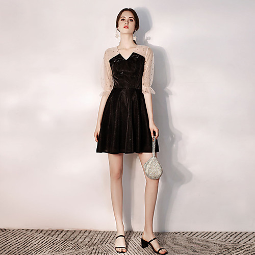 

A-Line Sexy Party Wear Cocktail Party Dress V Neck Half Sleeve Short / Mini Tulle Velvet with Sequin 2021
