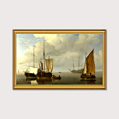 

Framed Art Print Elegant Design Antique Golden Wood Framed Canvas Sailboat Seascape PS Oil Painting Wall Art