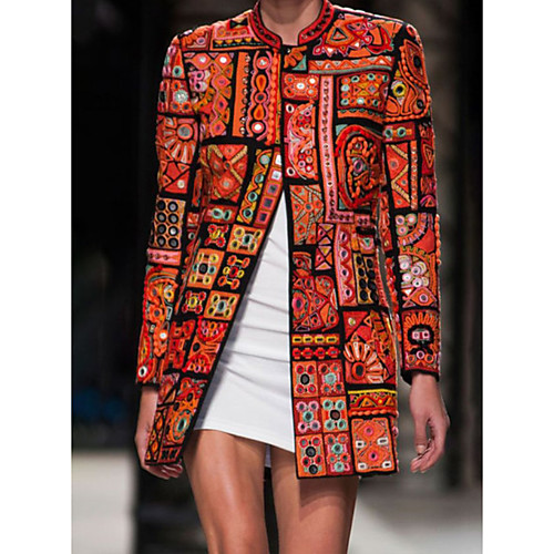 

Women's Daily Fall & Winter Long Jacket, Geometric Stand Long Sleeve Polyester Orange