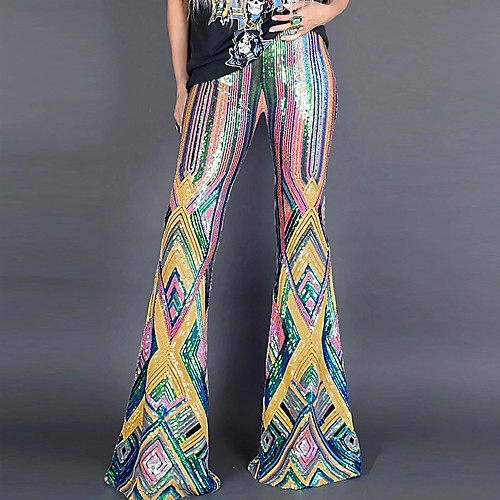 

Hippie Disco Vintage Boho 1960s Pants Flowy Pants Women's Sequins Sequin Costume Rainbow Vintage Cosplay Party