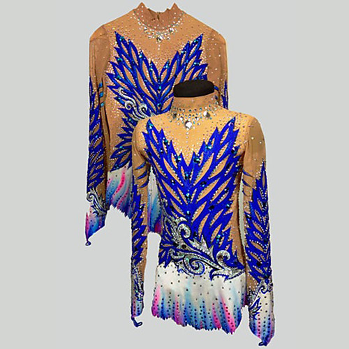 

21Grams Rhythmic Gymnastics Leotards Artistic Gymnastics Leotards Women's Girls' Leotard Blue Spandex High Elasticity Breathable Handmade Jeweled Diamond Look Long Sleeve Training Dance Rhythmic