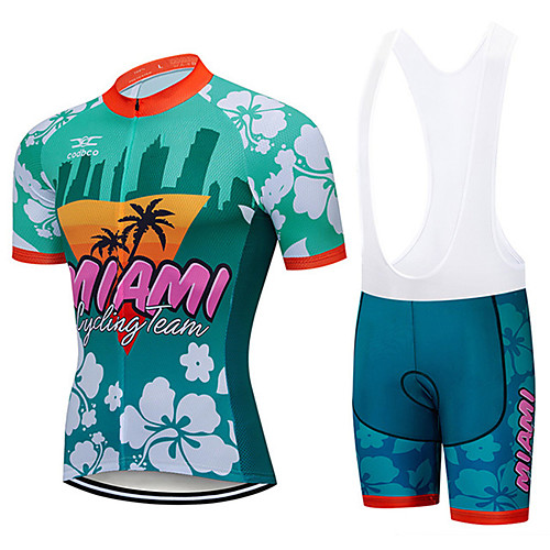 

21Grams Men's Short Sleeve Cycling Jersey with Bib Shorts Spandex Polyester Green Floral Botanical Miami Bike Clothing Suit UV Resistant Breathable 3D Pad Quick Dry Sweat-wicking Sports Floral