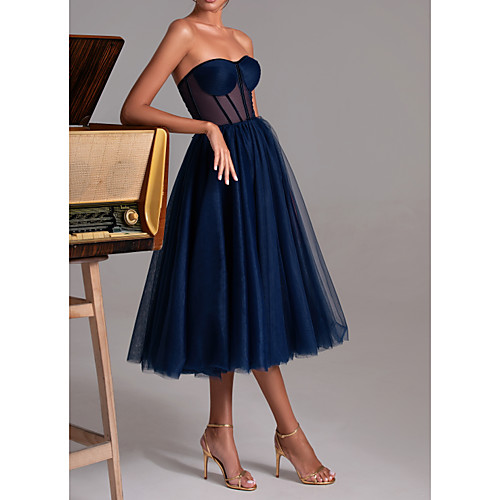 

A-Line Sexy Cocktail Party Prom Dress Sweetheart Neckline Sleeveless Tea Length Polyester with Pleats 2021