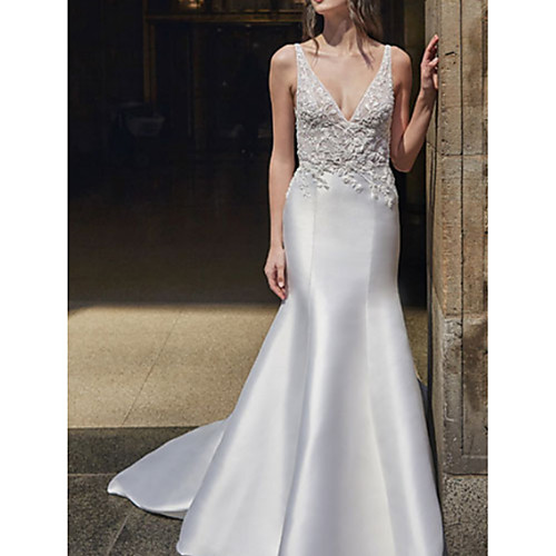 

Mermaid / Trumpet Wedding Dresses V Neck Sweep / Brush Train Lace Satin Regular Straps Formal Plus Size with Draping 2021