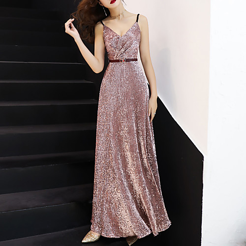 

A-Line Sexy Prom Formal Evening Dress V Neck Sleeveless Floor Length Sequined with Sash / Ribbon 2021