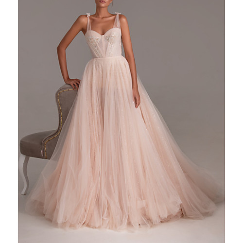 

A-Line Sexy Engagement Formal Evening Dress Sweetheart Neckline Sleeveless Court Train Tulle with Pleats Appliques 2021