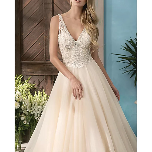 

A-Line Wedding Dresses V Neck Sweep / Brush Train Lace Tulle Sleeveless Casual Plus Size with Beading 2021