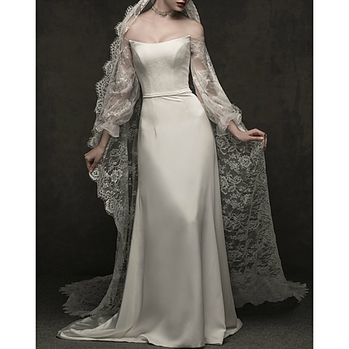 

A-Line Wedding Dresses Off Shoulder Sweep / Brush Train Lace Satin Long Sleeve Simple Elegant with Lace Lace Insert 2021
