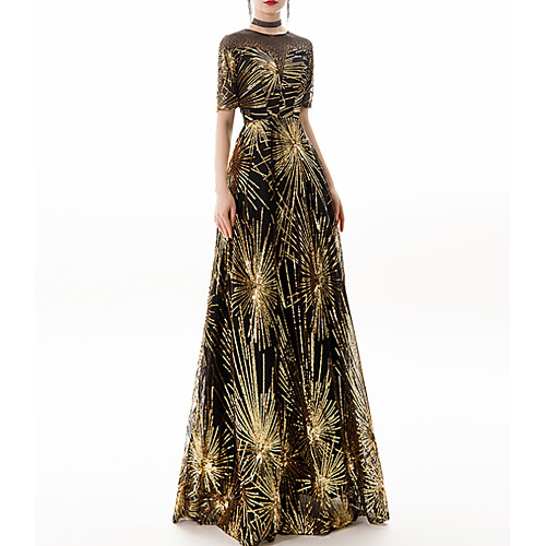 

A-Line Sparkle Party Wear Prom Dress Jewel Neck Half Sleeve Floor Length Polyester with Sequin 2021