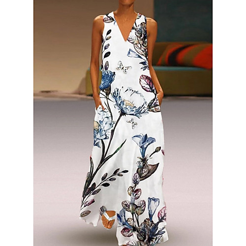 

Women's Maxi Shift Dress - Sleeveless Print V Neck White Yellow Beige Light Blue S M L XL XXL