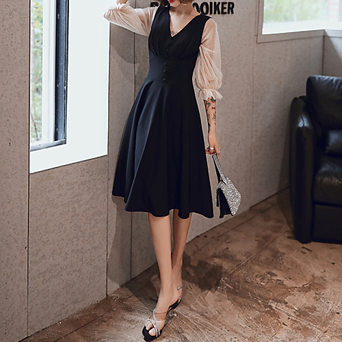 

A-Line Minimalist Party Wear Cocktail Party Dress V Neck 3/4 Length Sleeve Knee Length Spandex with Buttons 2021