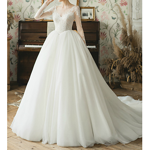 

Ball Gown Wedding Dresses V Neck Watteau Train Lace Tulle Long Sleeve Simple Elegant Illusion Sleeve with Lace Lace Insert 2021