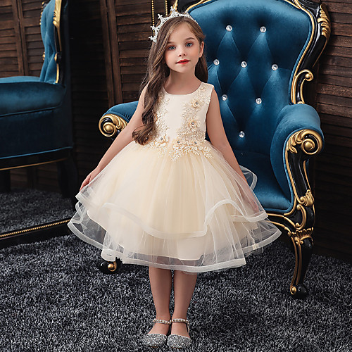 

A-Line Knee Length Party / Wedding / Pageant Flower Girl Dresses - Tulle / Matte Satin / Poly&Cotton Blend Sleeveless Jewel Neck with Beading / Solid