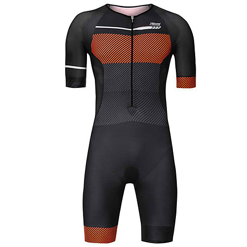 

21Grams Men's Short Sleeve Triathlon Tri Suit Black / Orange Stripes Patchwork Geometic Bike Clothing Suit UV Resistant Breathable 3D Pad Quick Dry Sweat-wicking Sports Stripes Mountain Bike MTB Road