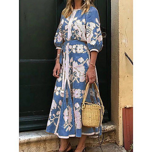 

Women's Maxi A Line Dress - Half Sleeve Print Purple Yellow Blushing Pink Light Blue S M L XL XXL XXXL