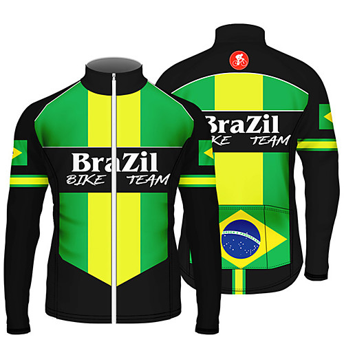 

21Grams Men's Long Sleeve Cycling Jersey Spandex Polyester Green / Black Stripes Brazil National Flag Bike Jersey Top Mountain Bike MTB Road Bike Cycling UV Resistant Breathable Quick Dry Sports