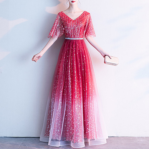 

A-Line Color Block Party Wear Prom Dress V Neck Half Sleeve Floor Length Tulle with Crystals Sequin 2021