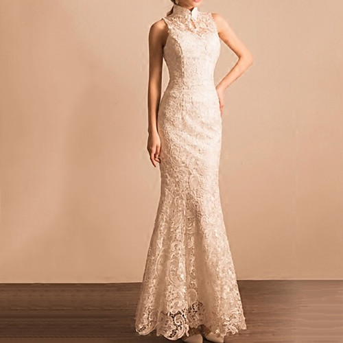 

Mermaid / Trumpet Wedding Dresses High Neck Ankle Length Lace Sleeveless Beach with Lace Insert Embroidery 2020