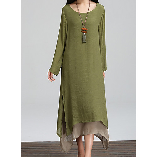 

Women's Maxi Shift Dress - Long Sleeve Color Block Solid Color Loose Army Green Orange Dark Gray M L XL XXL