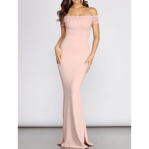 

Mermaid / Trumpet Elegant Engagement Prom Dress Off Shoulder Sleeveless Floor Length Spandex Lace with Appliques 2021