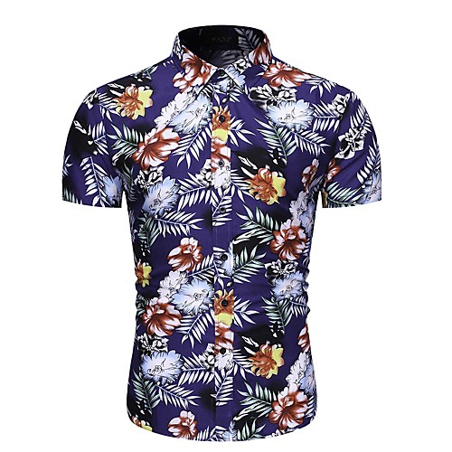 

Men's Floral Geometric Shirt - Cotton Basic Elegant Daily Work Classic Collar Blue / Fuchsia / Navy Blue / Short Sleeve