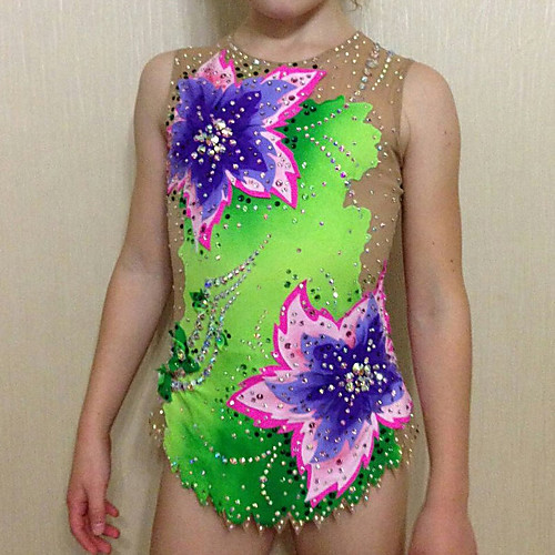 

21Grams Rhythmic Gymnastics Leotards Artistic Gymnastics Leotards Women's Girls' Leotard Green Spandex High Elasticity Breathable Handmade Jeweled Diamond Look Sleeveless Training Dance Rhythmic