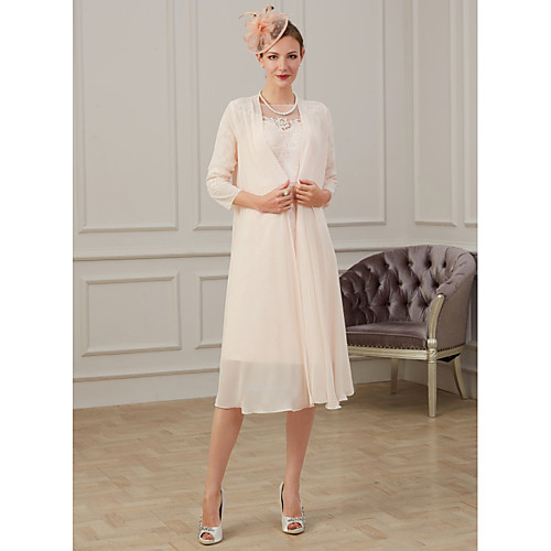

Sheath / Column Mother of the Bride Dress Elegant Jewel Neck Knee Length Chiffon Long Sleeve with Appliques Ruching 2021