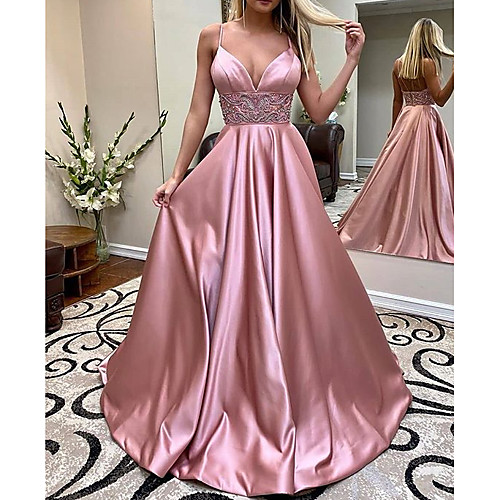 

A-Line Elegant Engagement Formal Evening Dress V Neck Sleeveless Sweep / Brush Train Charmeuse with Pleats Beading 2021