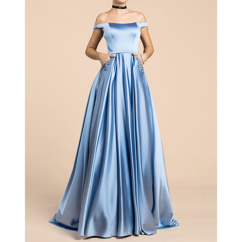

A-Line Elegant Engagement Prom Dress Off Shoulder Short Sleeve Floor Length Satin with Sequin 2021