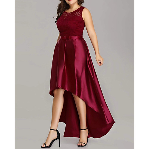 

A-Line Hot Wedding Guest Prom Dress Jewel Neck Sleeveless Asymmetrical Polyester with Bow(s) Pleats 2021