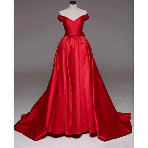 

Ball Gown Sexy Quinceanera Formal Evening Dress Off Shoulder Sleeveless Court Train Satin with Bow(s) Pleats 2021