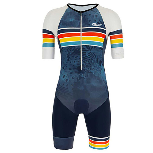 

21Grams Men's Short Sleeve Triathlon Tri Suit Blue / White Stripes Geometic Leaf Bike Clothing Suit UV Resistant Breathable 3D Pad Quick Dry Sweat-wicking Sports Solid Color Mountain Bike MTB Road