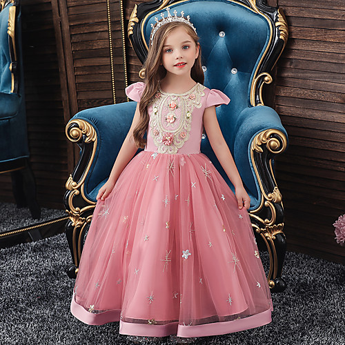 

A-Line Ankle Length Party / Wedding / Pageant Flower Girl Dresses - Tulle / Matte Satin / Poly&Cotton Blend Short Sleeve Jewel Neck with Pattern / Print / Solid